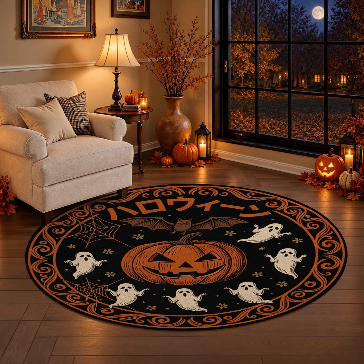 Soft Vintage Halloween Ghost Jack-o'-lantern Bat Spider Web Pattern Round Velvet Rug Machine Washable For Entryway Living Room Bedroom Halloween Thanksgiving Christmas Black Friday New Year Decoration