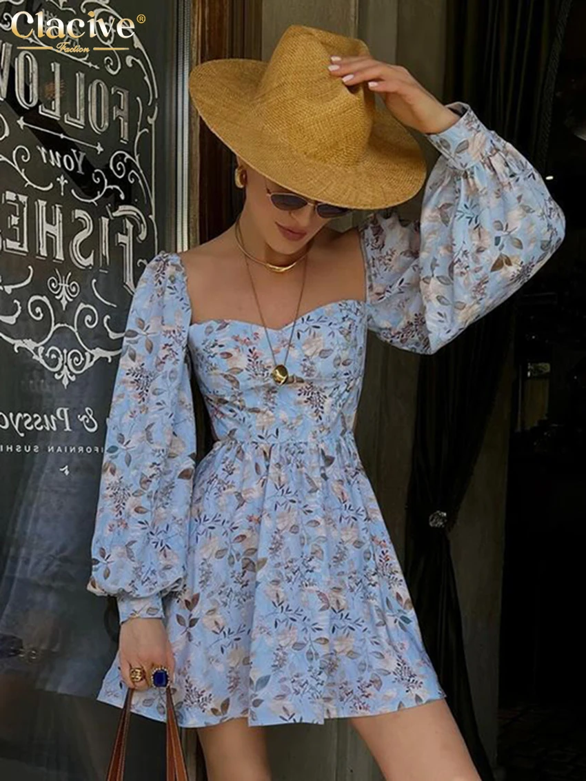 

Clacive Fashion Loose Print Women Dress 2025 Casual Square Collar Long Sleeve Mini Dresses Elegant Classic Pleated Female Dress