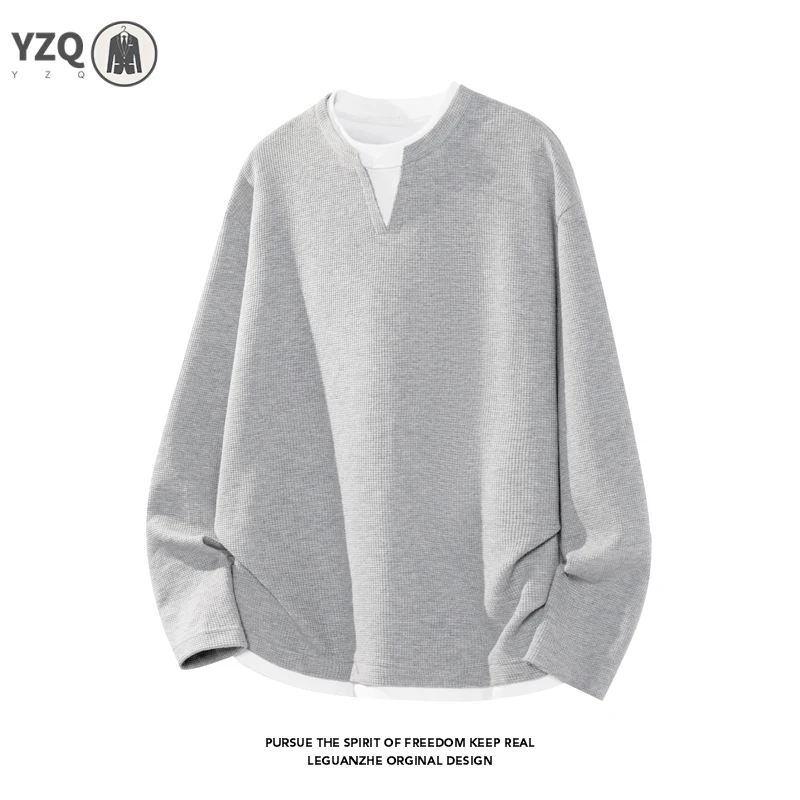 Oversized Fake Two Piece Long Sleeve Top For Males Notch Neck Waffle Knit Texture Trendy Street Casual Apparel