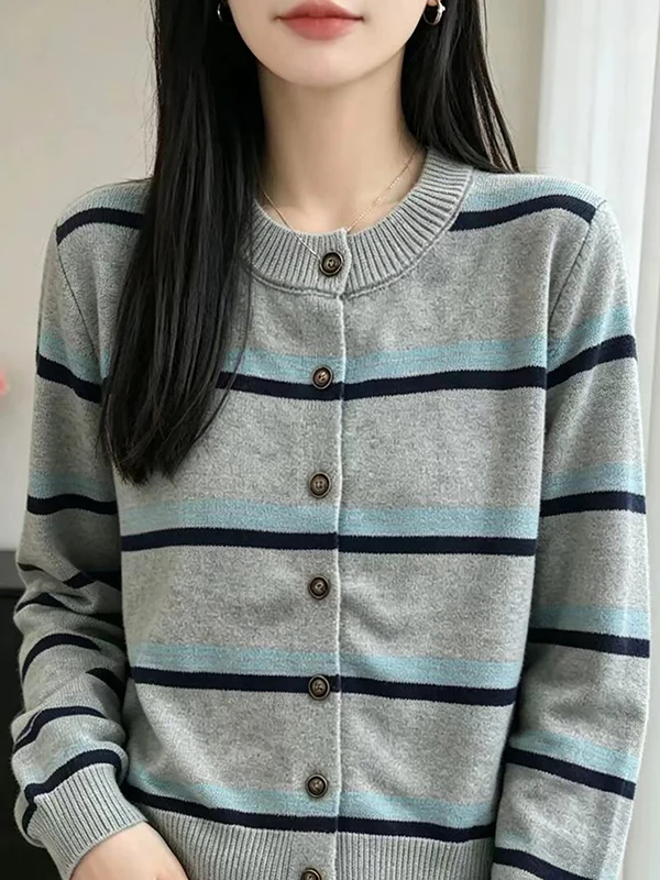 Retro Color Block Stripe Knitted Open Cardigan Long Sleeve round Neck Women's Fashionable Versatile Ageless Stylish Top