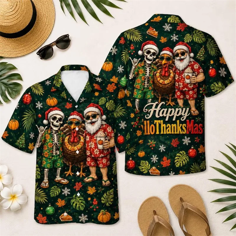HalloThanksMas Santa Skeleton Turkey Graphic Hawaiian Shirt Men Christmas Thanksgiving Halloween Party Short Sleeve Button Shirt
