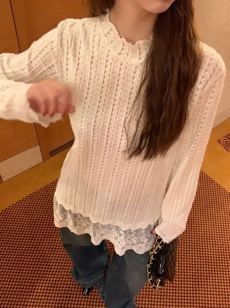 French High End Patchwork Lace Design Base T Shirts Solid All Match Elegant Temperament Lazy Loose Tops Y2k Aesthetic Korean Top