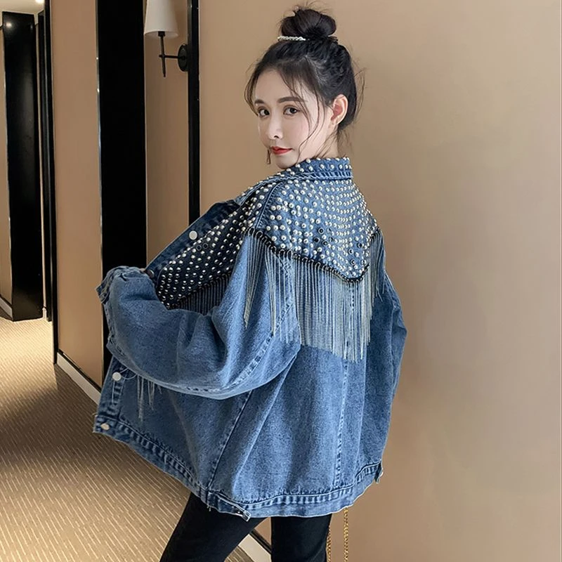 

Tassel Rivet Denim Jacket For Women New Personalized Heavy Slim Denim Coat Streetwear Jean Jacket