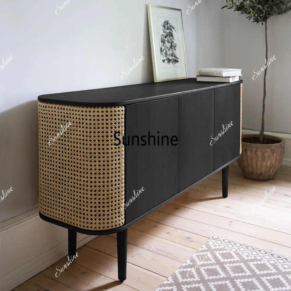 

French retro rattan side cabinet is simple and modern, arc, black minimalist