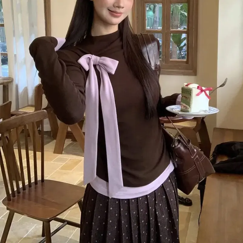 

Vintage Half High Collar Stylish Bow T-shirts Autumn Winter Contrasting Colors Women's Clothing Basic Slim Patchwork Pullovers