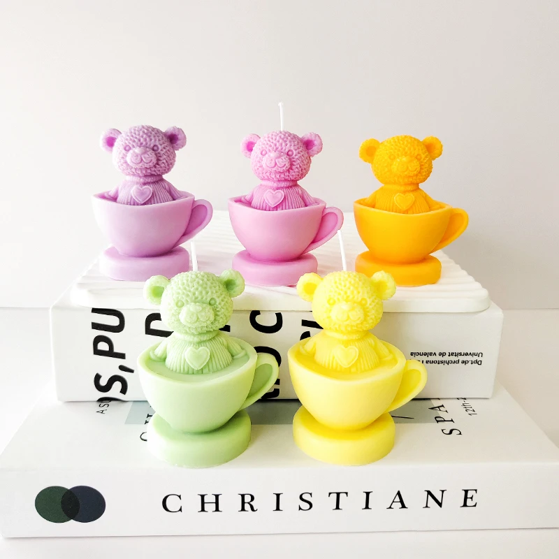 Teacup Bear Silicone Mold Handmade Aroma Plaster Lovely Bear Candle Mould Valentine\'s Day Soap Candle Making Supplies