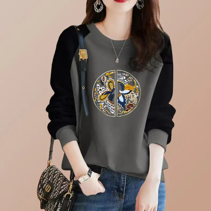 Chinese Style Autumn Winner New T-shirt Women O-Neck Printing Patchwork Contrast Color Fashion Long Sleeve Bottoming Shirt Tops