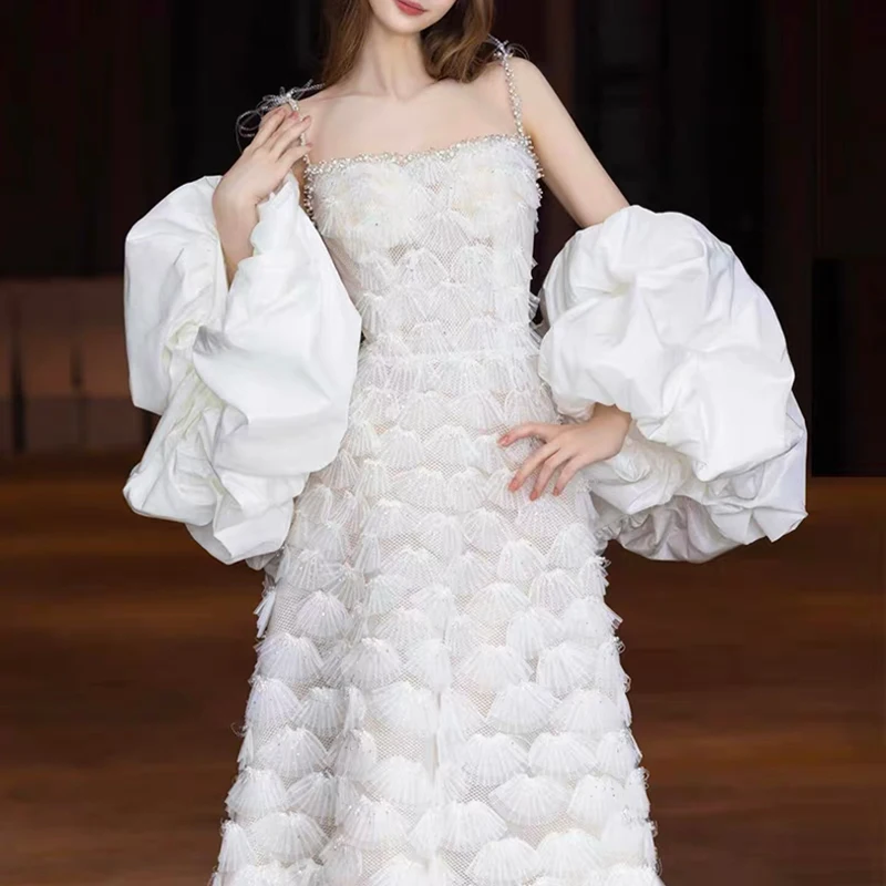 فستان الزفاف فقاعة الساتان عباءة منتفخة الأكمام التفاف بوليرو الزفاف حفلة موسيقية فستان شال أكمام اليد أداء التفاف الذراع أدفأ DIY بها بنفسك