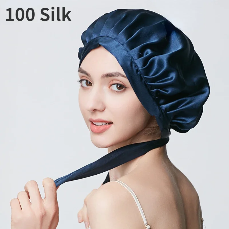 Boné de seda pura para mulheres, boné de dormir, boné de sono noturno, turbante de proteção capilar, envoltórios de cabeça, luxo, natural