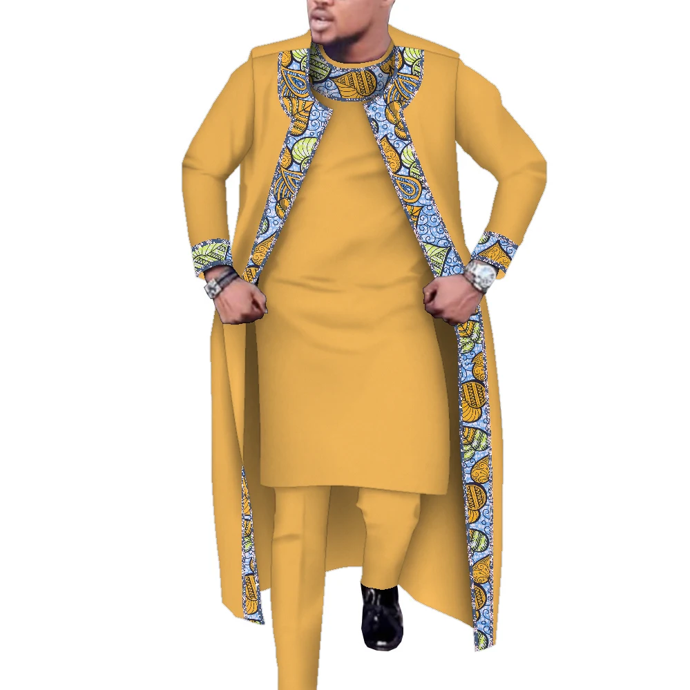 Conjunto de 3 uds. De bata larga, Tops y pantalones, trajes con estampado africano, bata larga de algodón, conjuntos de pantalones para fiesta, boda, ropa africana para hombres Wyn1555