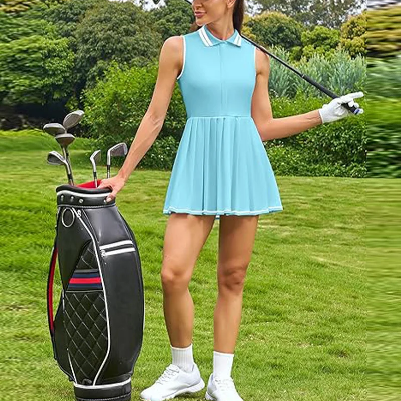 Women‘s Pleated Tennis Dress Built-in Chest Pad Quick Dry Polo Badminton Dress Fast Dry Pickleball Dress with Pocket
