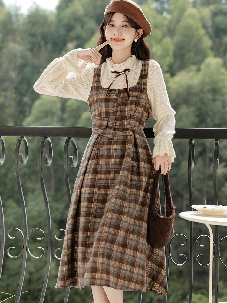 Fake Two Piece Spliced Plaid Dress for Women Autumn/Winter New Retro Long  Sleeve Sweet Waist Cinched Slimming A-line Long Dress - AliExpress 200000345