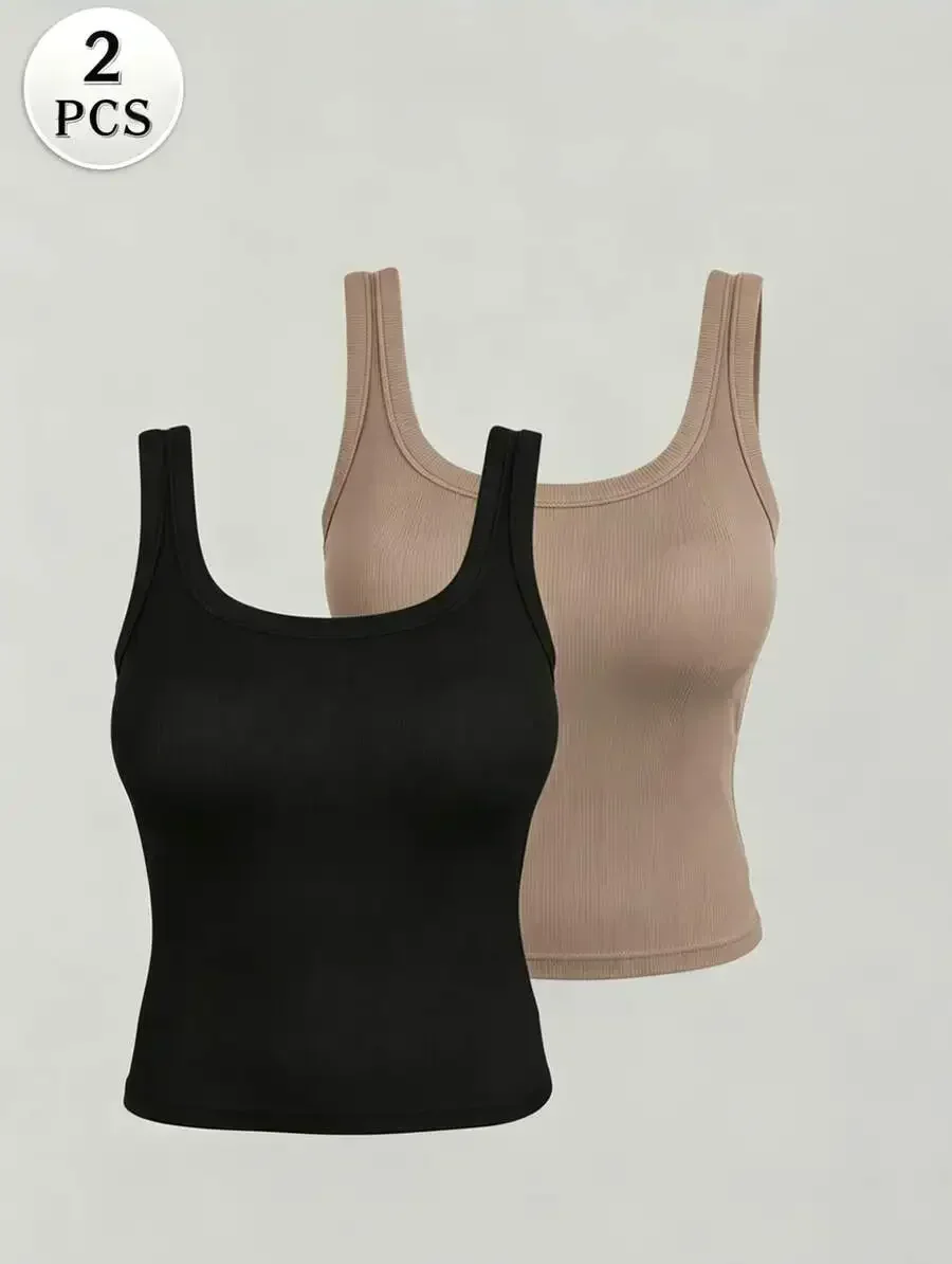 

2pcs Seamless Ribbed Tank Tops With Built-In Bra For Women Solid Color Slim Fit Sleeveless U-Back