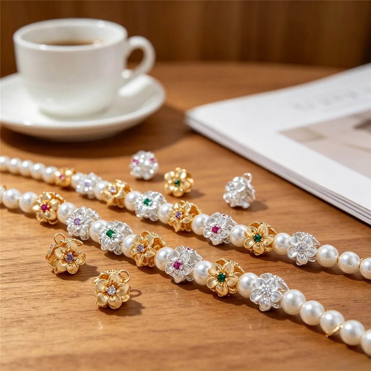Brass 14K Gold Plated Color CZ Inlaid Peach Blossom Spacer Beads DIY Crystal Pearl Bracelet Necklace Jewelry Findings