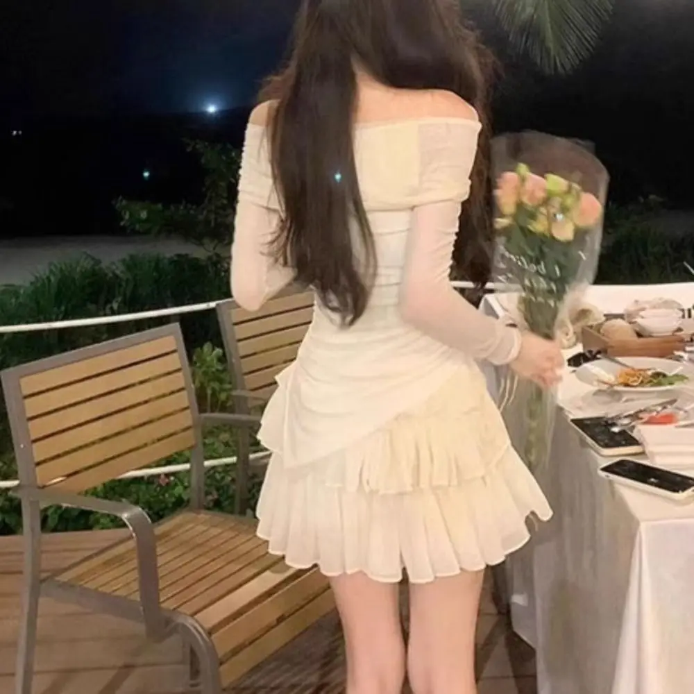 Off Shoulder Sweet Girls Wear Suit Ruffle Long Sleeve T-shirt Cake Skirt Set Sunscreen Slim Fit Sweet Summer Clothes Lady