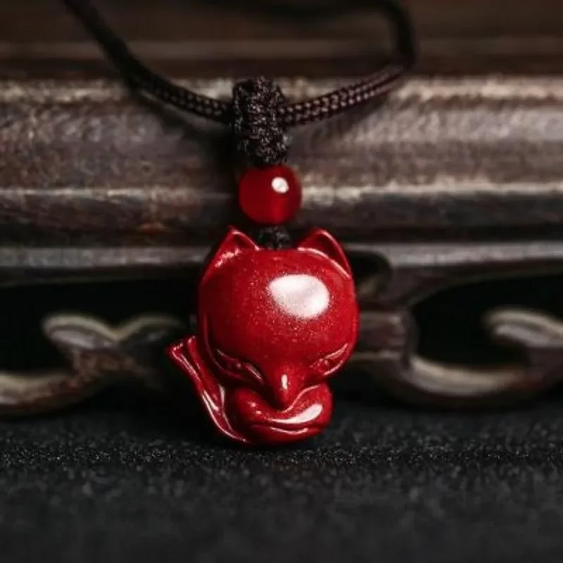 Fashion Red Cinnabar Jade Carving Fox Money Buddha Pendant Necklace Jewellery Chinese Healing Women Man Luck Gift Sweater Chain