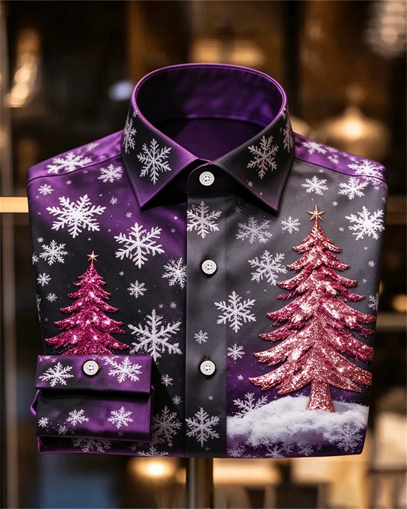 New men's long sleeved shirt with dark green background, white snowflake gold, Christmas tree green tree print shirt