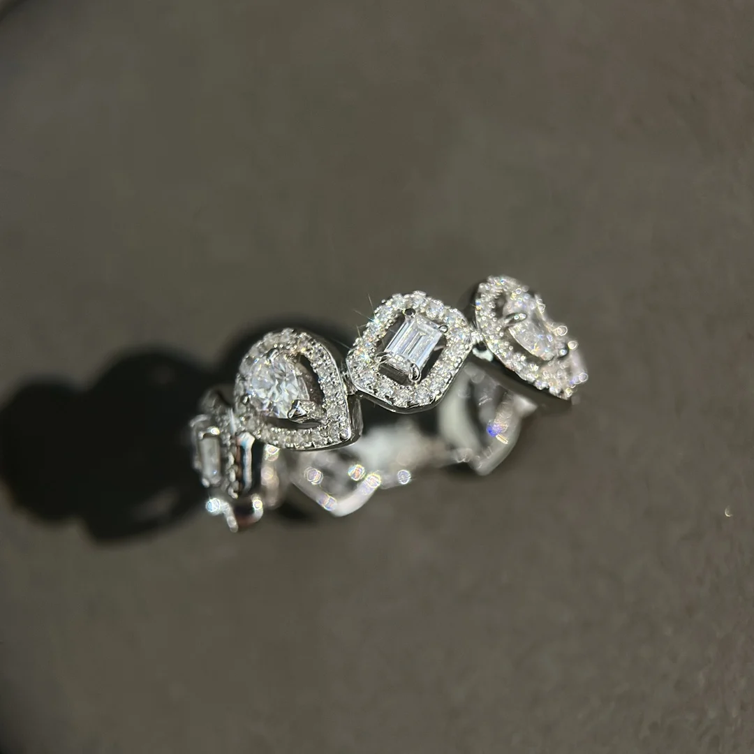 خاتم زفاف نسائي من الفضة الإسترليني عيار 925 مطلي بالذهب على شكل قطرة الماء مربعة من الألماس بالكامل