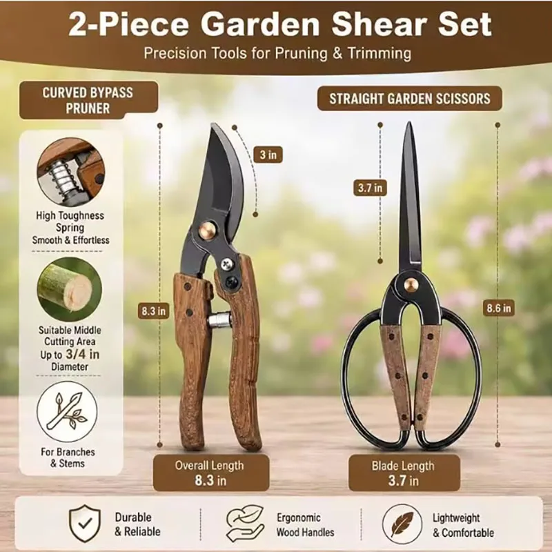 Garden Pruning Shears Set Gardening Shears Garden Scissors Ergonomic Wooden Handle Plant Bonsai Shrub floral Branch Trimming Sci