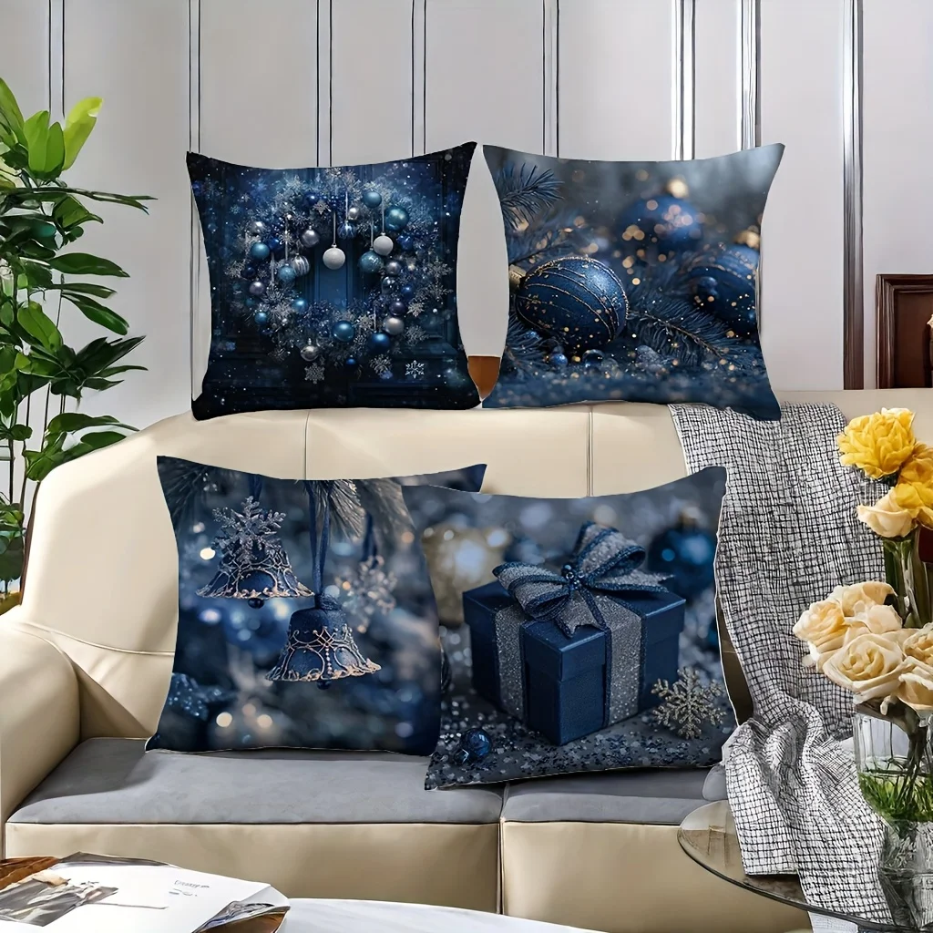 Set of 4 Blue 2D Printed Pillowcases for Holiday & Home Decor (Insert Not Included)