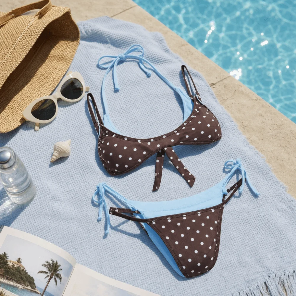 Modisches Polka-Dot-Bikini-Set mit Neckholder, tiefem V-Ausschnitt und niedriger Taille, Damen-Bademode, Patchwork, Schnürung, Damen-Badeanzüge, Strand – Detail 7