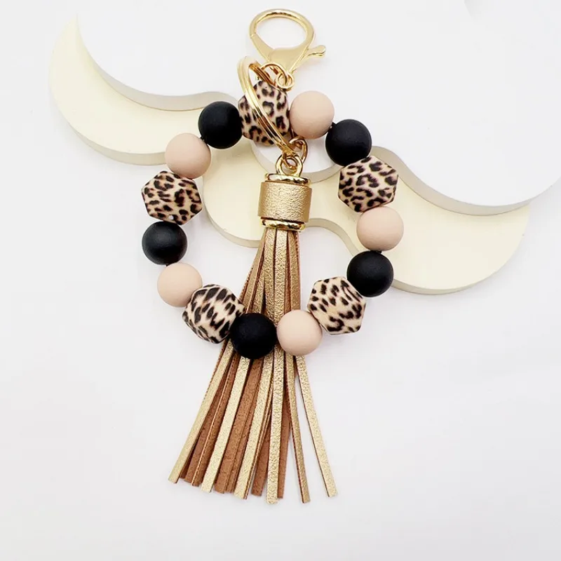 1pc Silicone Leopard Print Beaded Tassel Car Keychain Key Ring, Fashion Bracelet Accessories Women\'s Bag Pendant Accessories