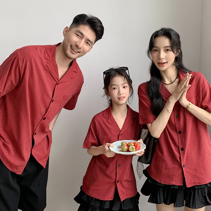 2026 Summer Family Matching Outfits Red Striped Camp Collar Shirt Set Vintage Retro Casual Streetwear For Family Beach Wear
