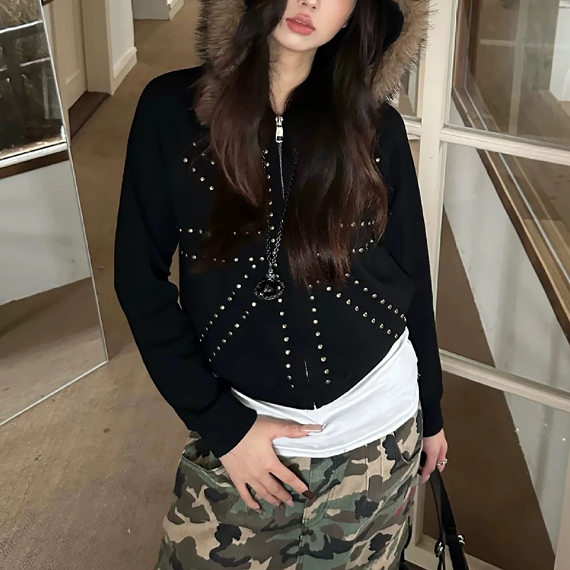 Autumn new retro rice shaped rivet Autumn new retro rice shapfur collar cardigan hooded sweatshirt loose casual jacket for women