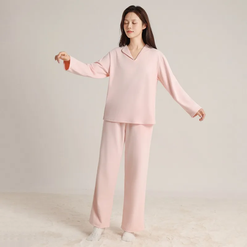 

Осенне-зимние немецкие бархатные пижамы, пуловер с v-образным вырезом для пары, простой однотонный свободный толстый теплый мужской и женский домашний костюм, комплект