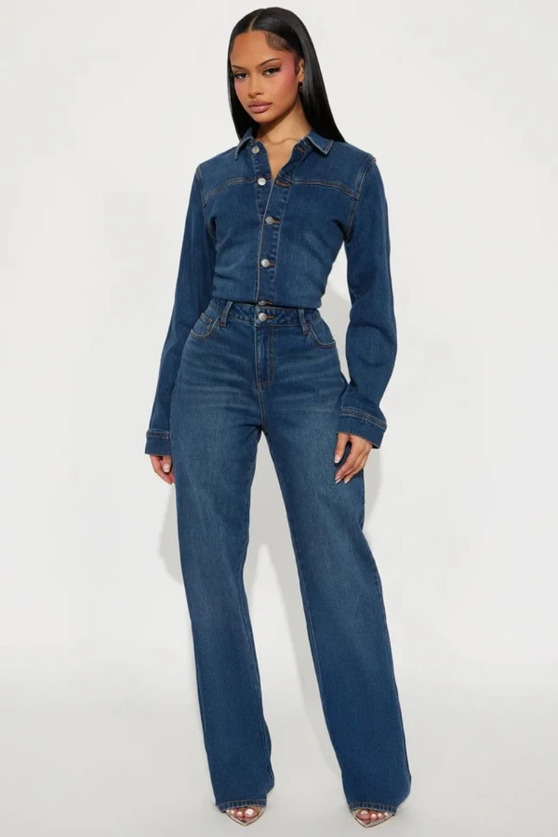 Tute di jeans vintage Abiti primaverili Donna Maniche lunghe Collo con risvolto Jeans dritti Pagliaccetti Tute Tute intere Tuta intera
