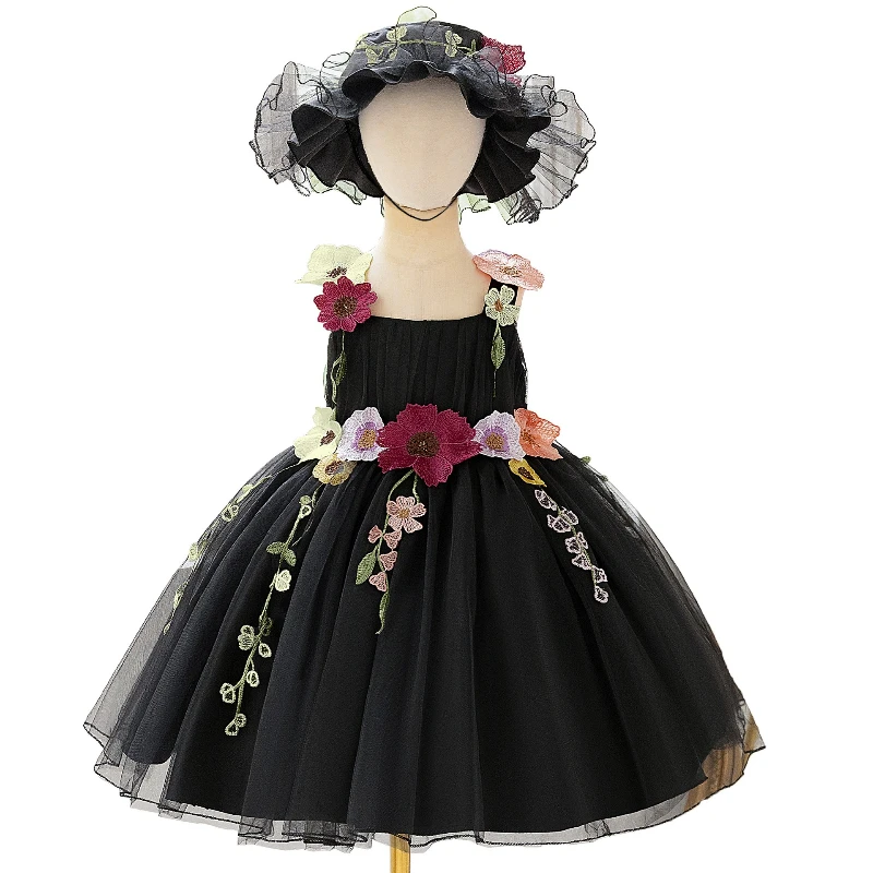 

Girl' Sweet Dress with Hat 3D Flower Banquet Gown Children's Fluffy Gauze Princess Skirt Halloween Catwalk Performance Outfit ﻿