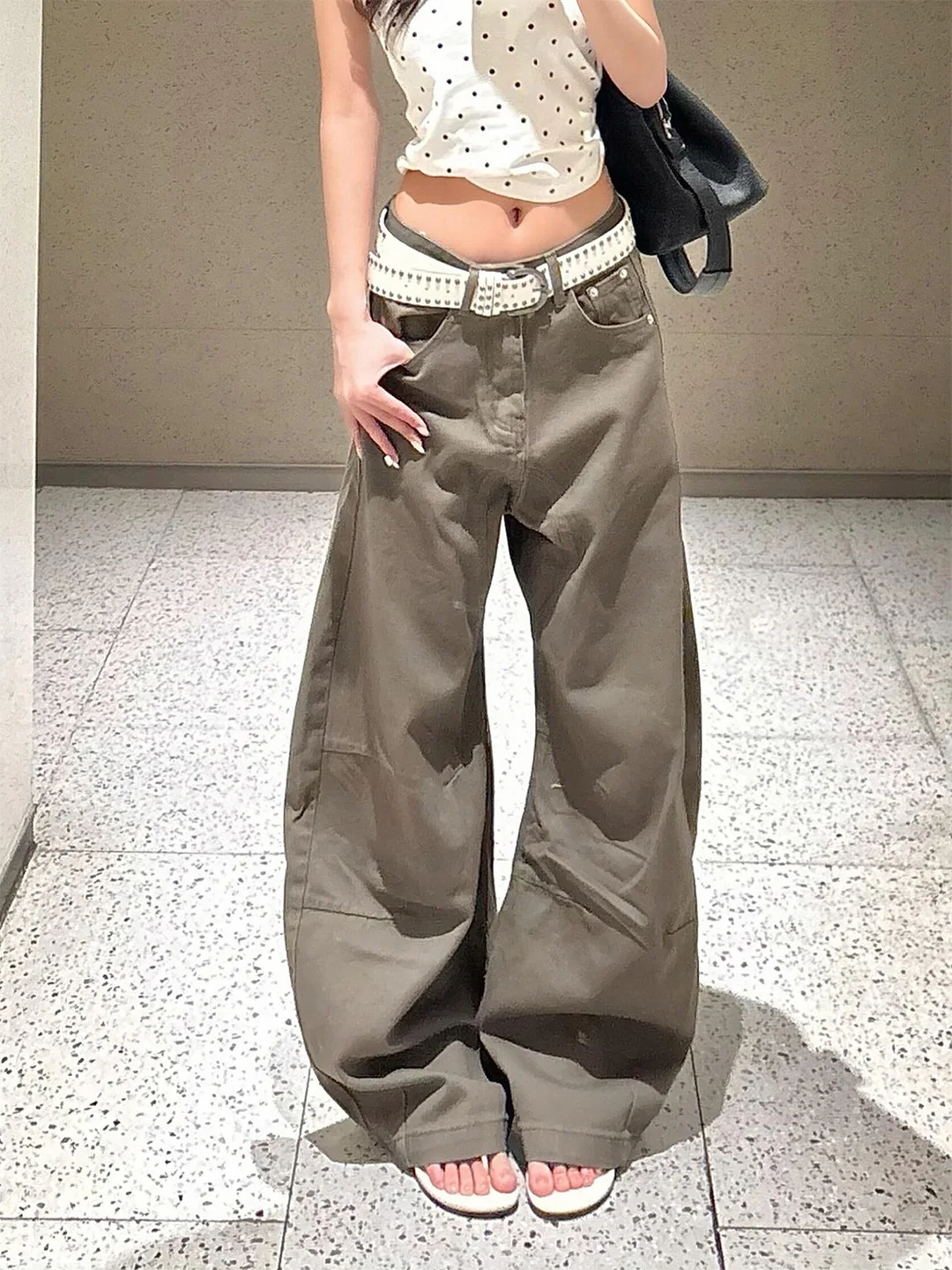 High Waist Wide Leg American Style Denim Jeans Women's Pear Shape Spicy Girl Slim Loose Coffee Color Long Pants