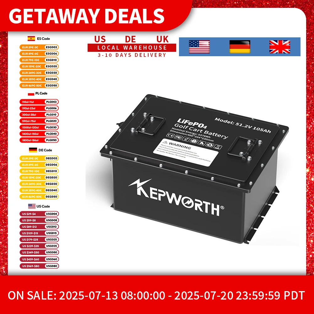 

48V 105Ah LiFePO4 Batteries for Golf Cart, with 200A BMS, Grade A Lithium Iron Phosphate Cells, with A Smart Battery Monitor
