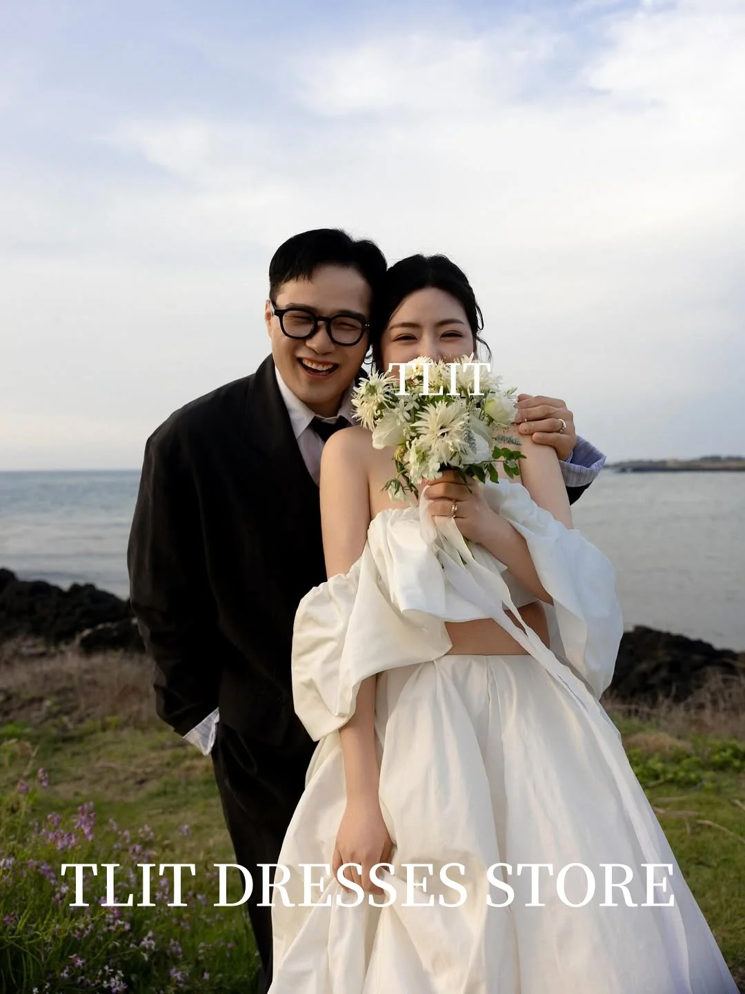 TLIT فستان زفاف أنيق من التفتا الأبيض مكون من قطعتين بدون حمالات بدون أكتاف فستان حفلات كوري فستان الزفاف صور تبادل لاطلاق النار حسب الطلب