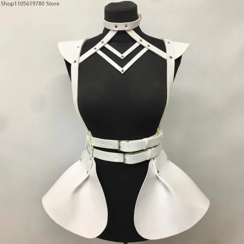 PU‑Leather Harness Skirt Set Halter Neck Cross Straps Adjustable Belt Flare Skirt Six Colors Cosplay Stage Costume Accessory