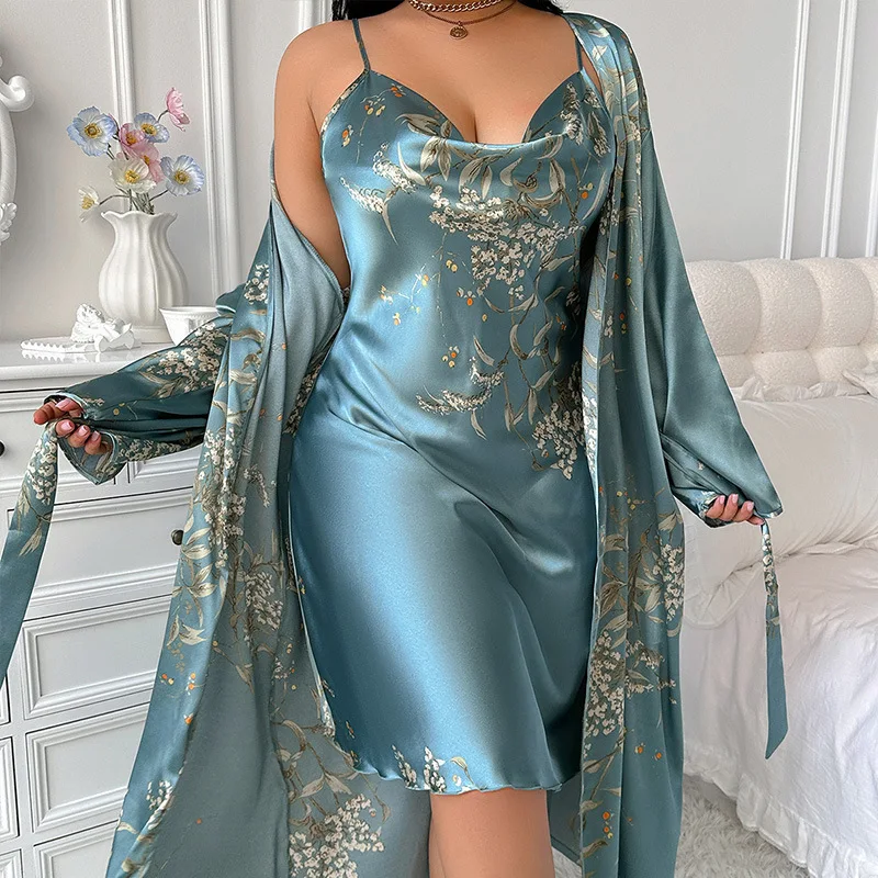 

Womens Silk Satin Printing Pajamas Set Summer Cool Sleepwear Women's Loungewear Outside wear Pajamas Suit Sexy Two Piece Set