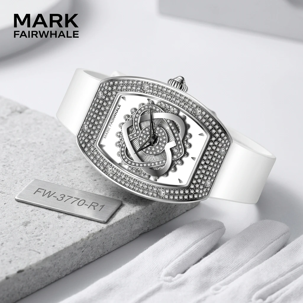 Mark Fairwhale Ladies Wrist Watch Quartz Movement Tonneau Camellia Flower Dial Fully Inlaid Rhinestone Silicone Band for Women