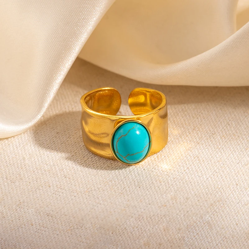 ENSHIR 316L Stainless Steel Colorful Stone Wide Face Wrinkle Open Ring for Women Men Elegant Noble Cool Jewelry Gifts Wholesale