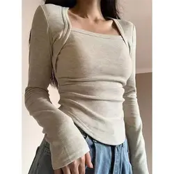 Hotsweet autunno solido collo quadrato Patchwork camicia fondo moda tutto-fiammifero Casual Slim manica lunga t-Shirt top