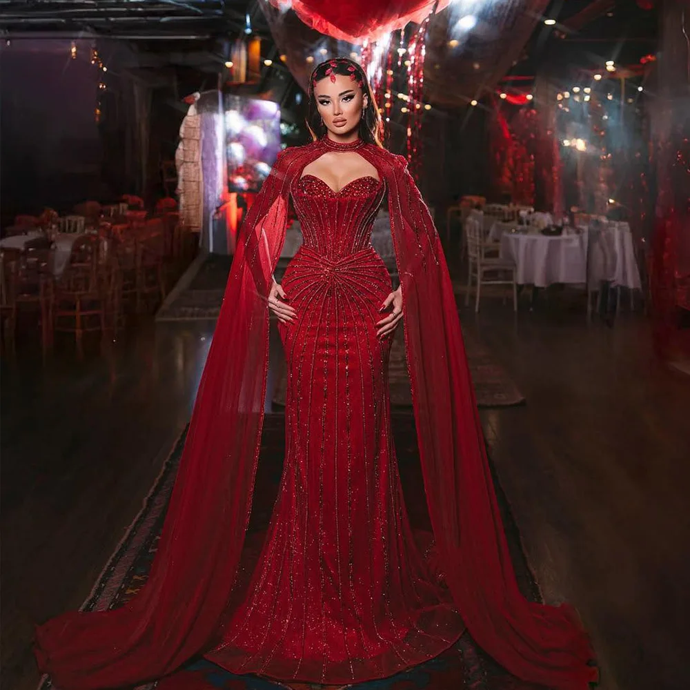 

YQLNNE 0187 Red Rhinestones Long Evening Dresses Beaded Tulle Formal Party Evening Gown