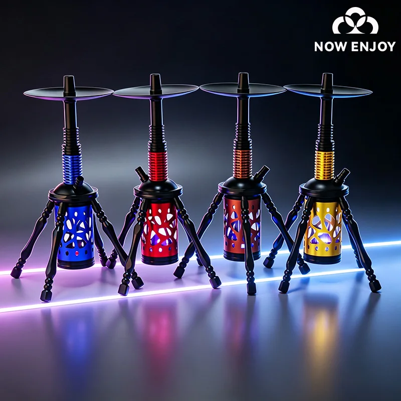 NOW ENJOY 2026 High Quality Hollow Rocket-shaped Arabic Hookah Shisha Aluminum Alloy LED Atmosphere Hookah Set Bar Home&Ktv