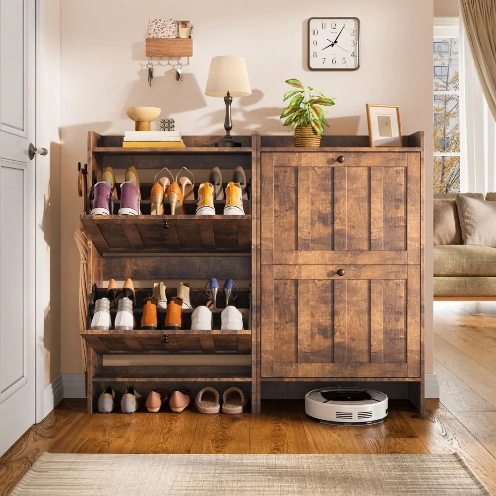 Shoe Cabinet With 2 Separate Drawers, 2 Levels Of Shoe Storage, FlipDown Compartments, AntiTip Device, Suitable For Use On Door
