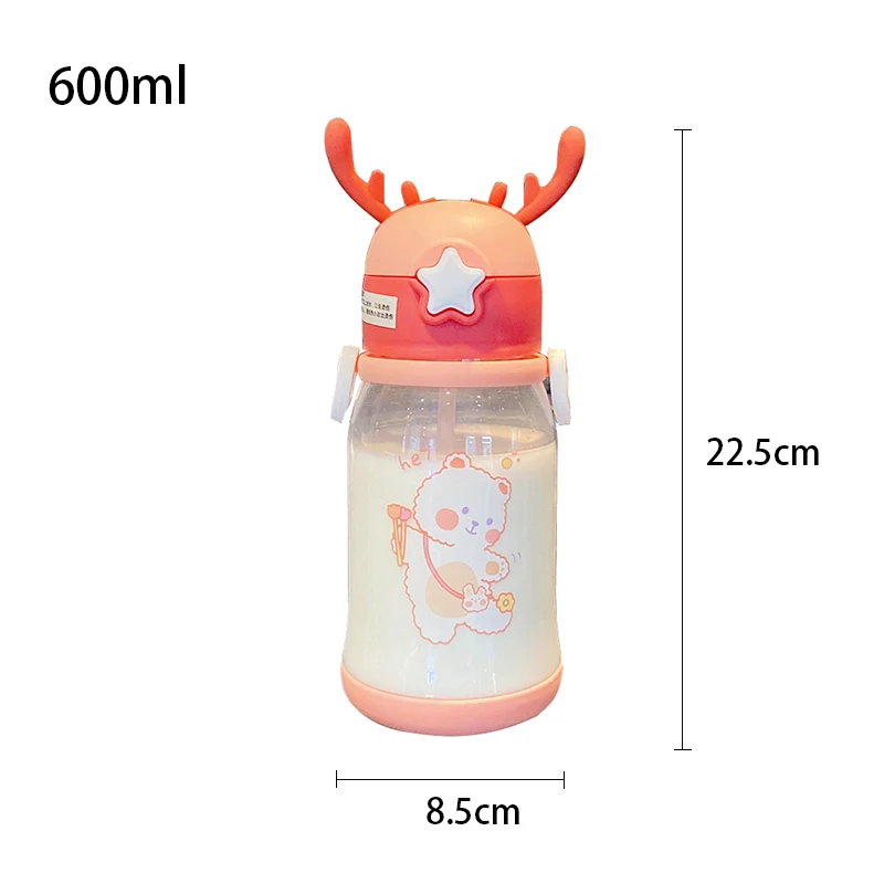 Portable Plastic Water Bottle for Children, Large Capacity, Transparent Straw, Cute Creative antlers, Outdoor Water Bottle