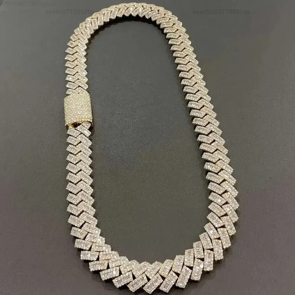 

Arrival Yellow Gold 18mm 20mm Prong Baguette Diamond Necklace 18k Gold Plated Silver Iced Out Cuban Link Chain for Men