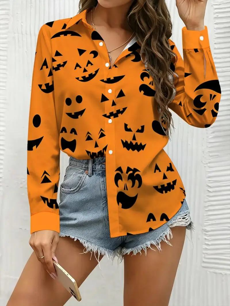 Damen-Halloween-Oberteil mit Kürbisdruck und langen Ärmeln – lustige, an Feiertage angelehnte Modeoberteile für Damen. – Detail 3