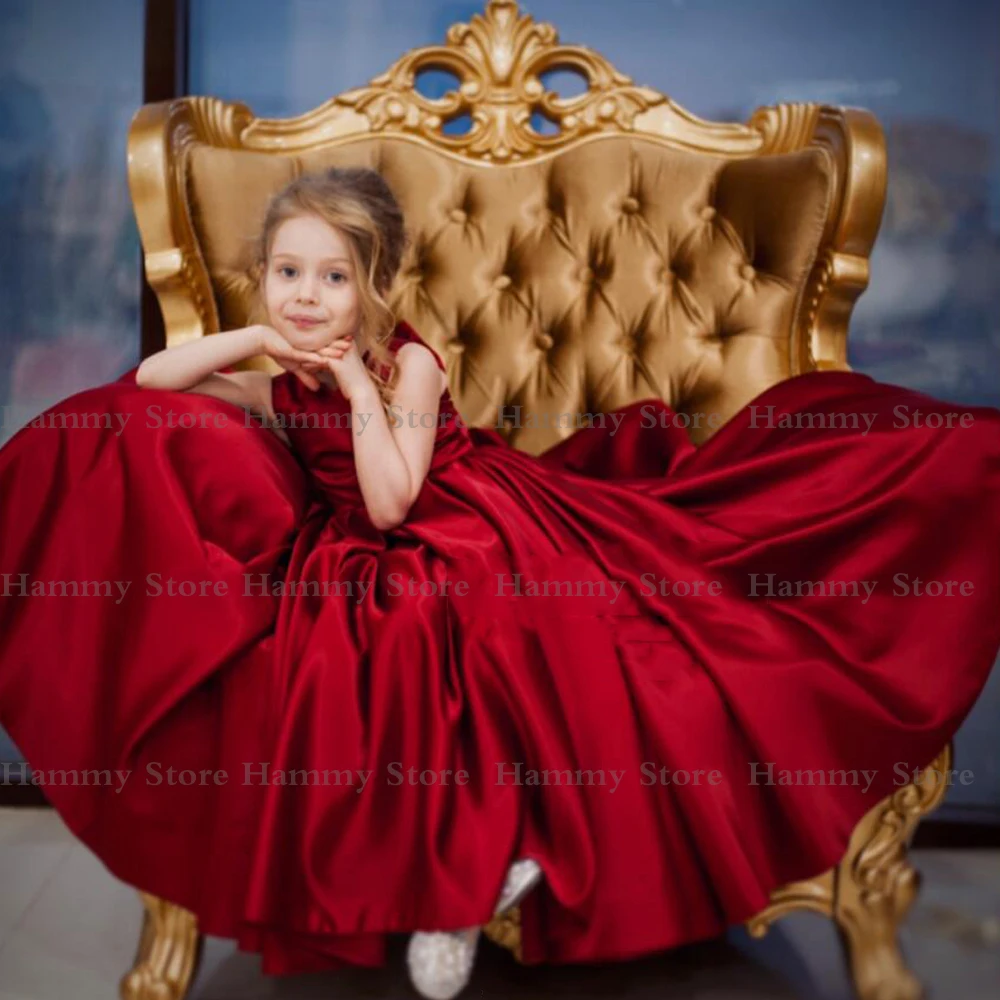 Vestido de flores rojas para niña, ropa de fiesta de Navidad, cuello redondo, sin mangas, tutú de boda, de satén para cumpleaños