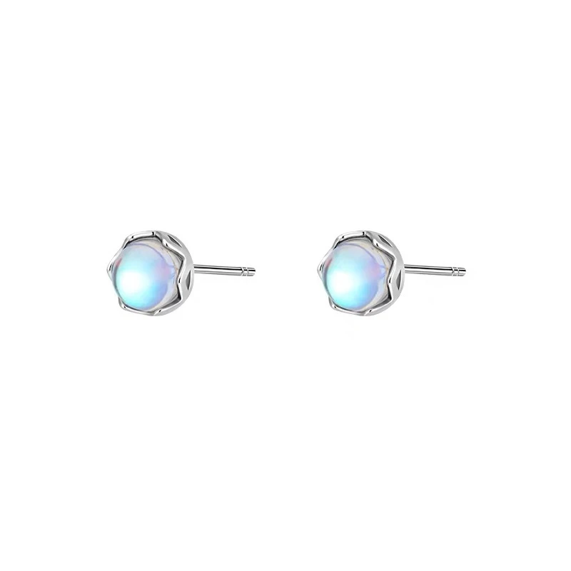 Round Rainbow Moonstone Stud Earrings Iridescent Blue Flash Cabochon Gem Tiny Minimal Ear Studs Women Jewelry