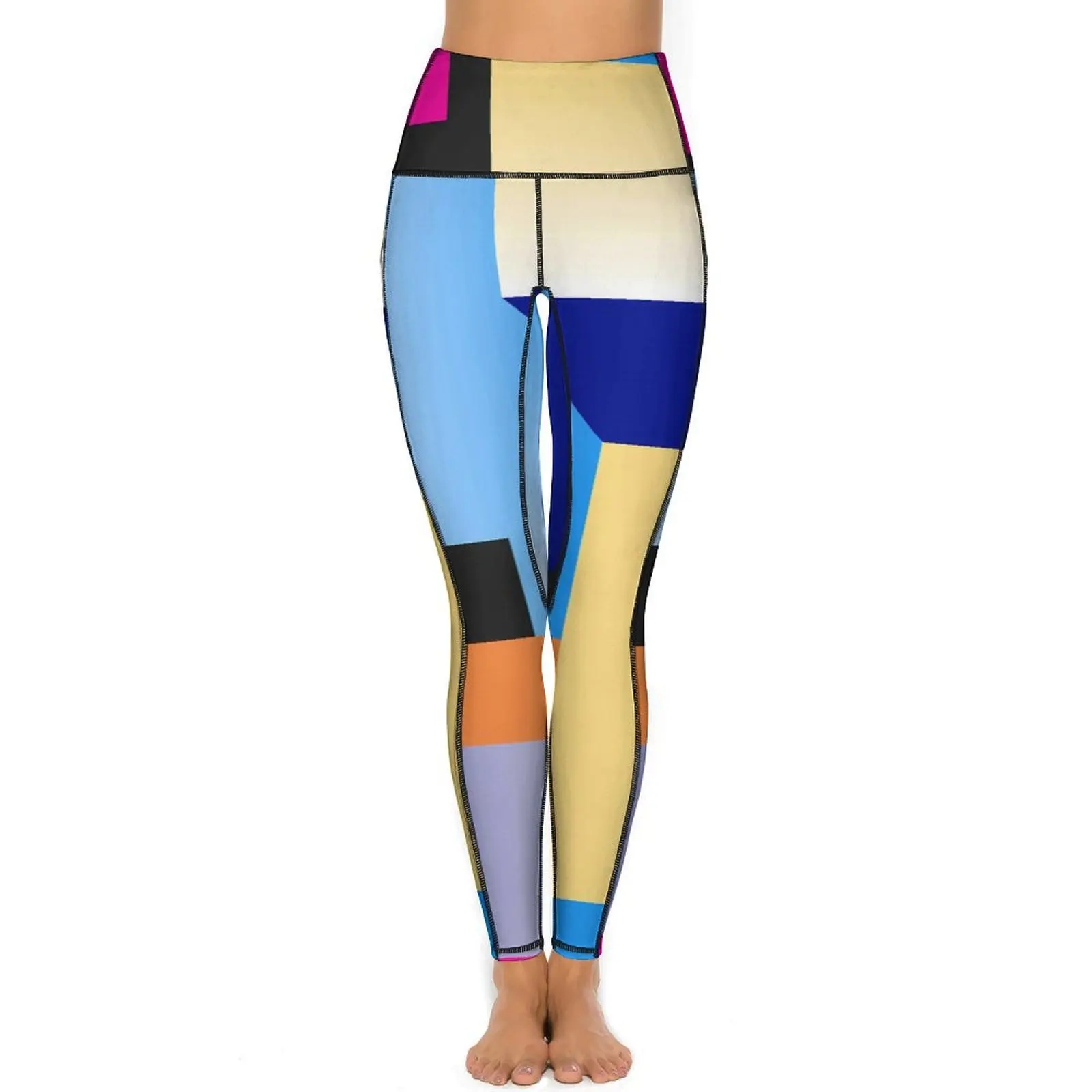 Vibrant Color Block Leggings Abstract Geometric Print Yoga Pants High Waist Workout Gym Yoga Legging Women Stretch Sports Tights