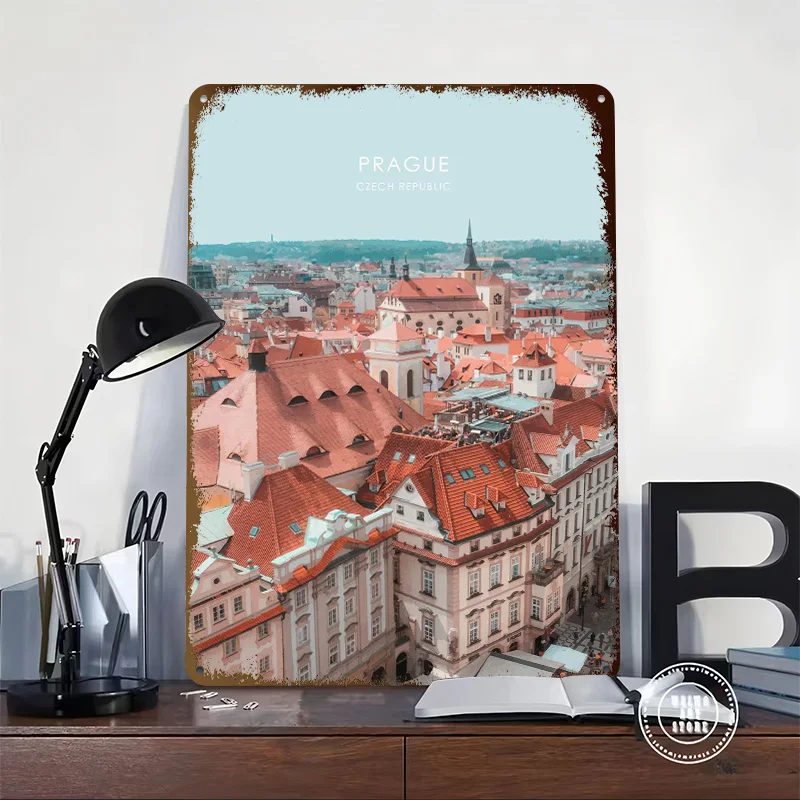 Prague Historic City Art 3D Texture Metal Poster Customized Wall Art Tin Sign Gift for Mancave Room Decorations Man Cave Decor