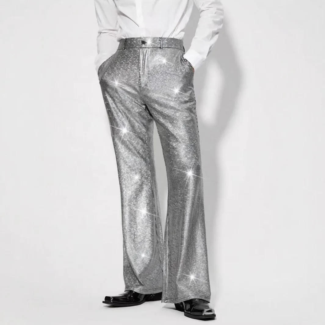 

Silver Men's Suit Pants, Blue Stage Performance Long Trousers, Optional Gold Silver Black Colors, Size S-XXL
